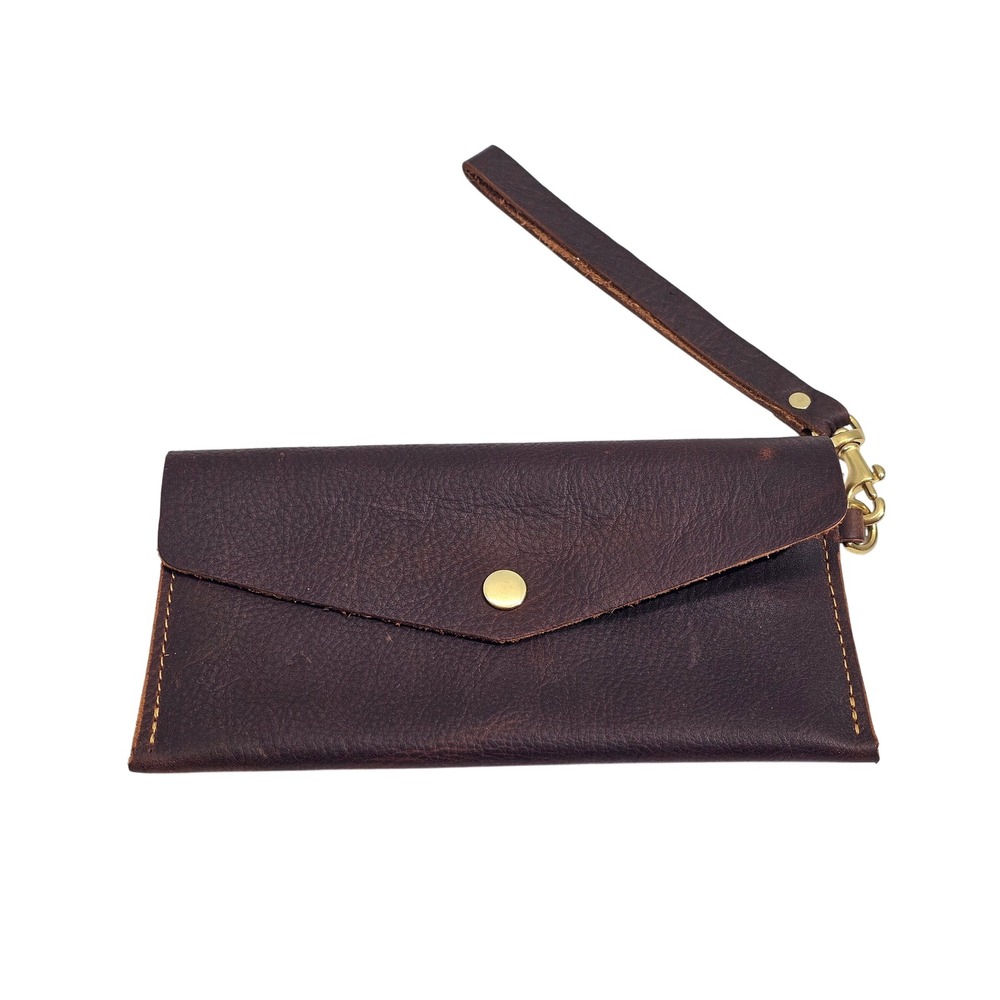 San Tan Leather Wristlet Clutch Women OS Brown Solid Western Snap Zipper Pouch